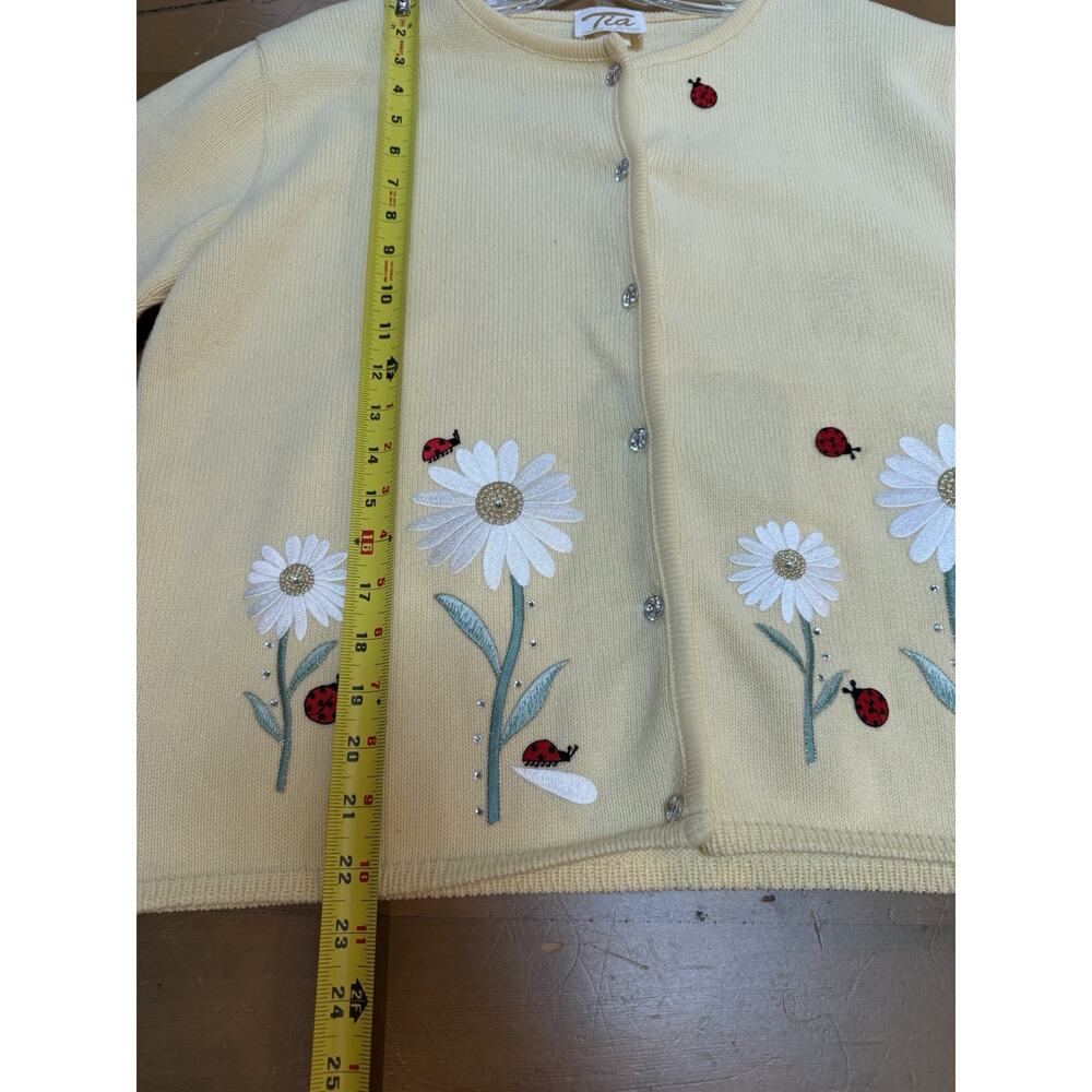 Vintage Tia Designs Cardigan L Yellow Daisy Ladybug Embroidered Cotton USA - Picture 10 of 13